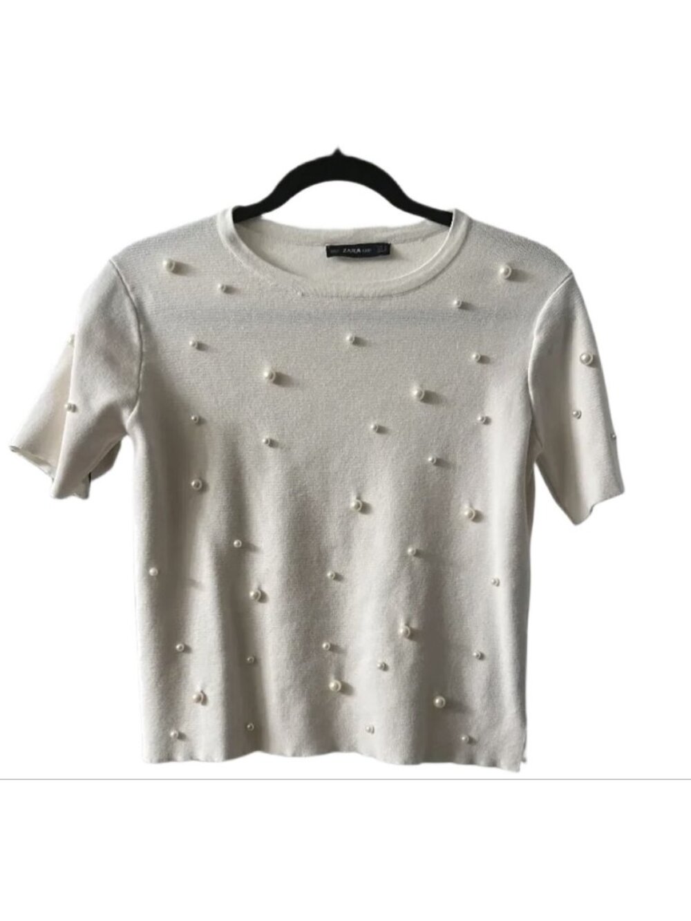 ZARA Knit White Pearl Embellished Short-Sleeve Top S